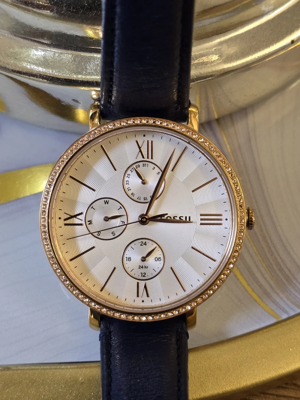 Fossil Gold-Tone Case Watch with White Dial and Black Leather Strap